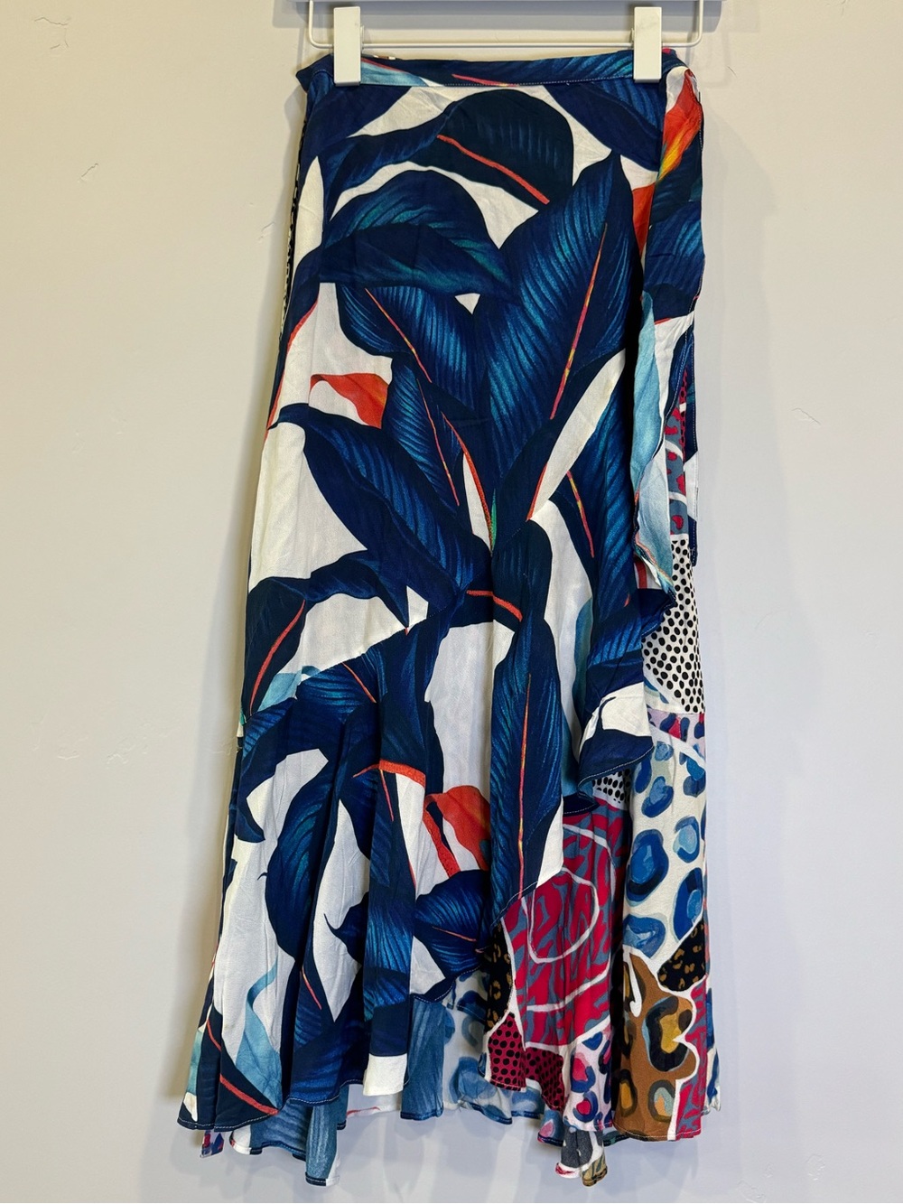 FARM Rio Tropical Navy Leaf & Multicolor Patchwork Wrap Tie Maxi Skirt